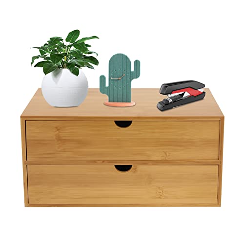 Schreibtisch Organizer Holz, Büro Organizer 2 Schubladen mit Lünette, Schreibtisch Organizer Schubladen Natürlicher Bambus für Kosmetika Stifte und Notizblöcke 33 x 19 x 16cm von miihgnos