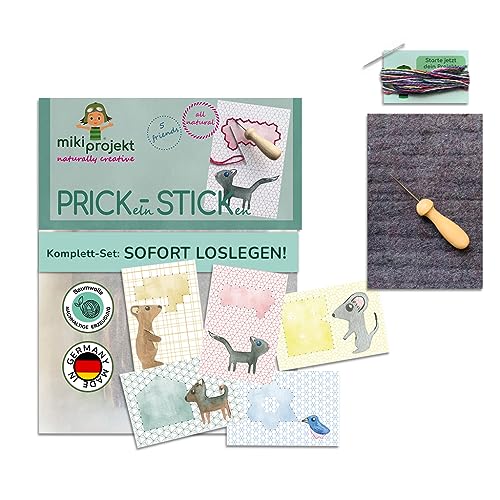 mikiprojekt® 2in1 Prickelnadel Set Kinder inkl. Stickbilder für Kinder & einfacher Anleitung für sicheres Gelingen I Sicheres Prickeln & Sticken Kinder Set aus unbedenklichem Material I Prickelset von miki projekt