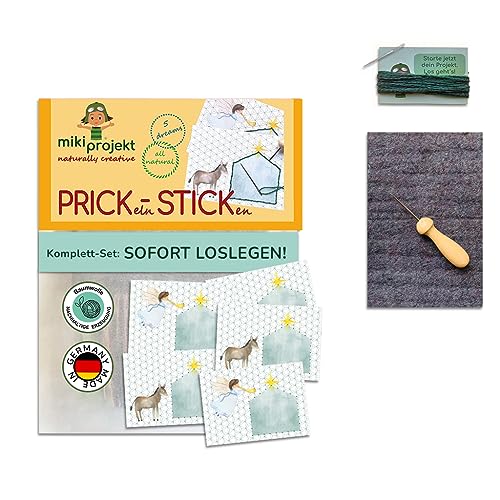 mikiprojekt® 2in1 Prickelnadel Set Kinder inkl. Stickbilder für Kinder & einfacher Anleitung für sicheres Gelingen I Sicheres Prickeln & Sticken Kinder Set aus unbedenklichem Material I Prickelset von miki projekt