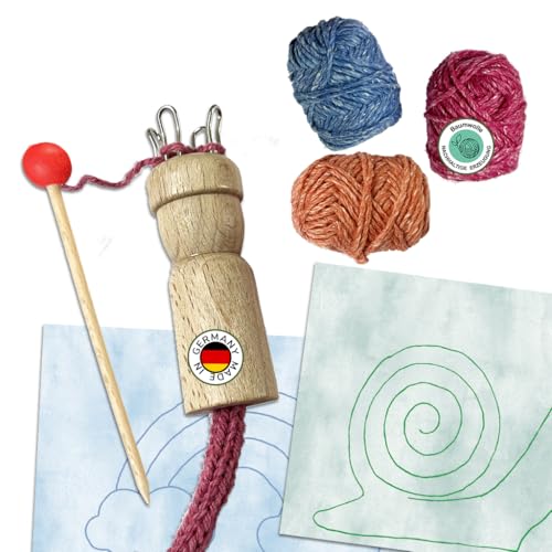 mikiprojekt® Kinder-Stricklisel Bastelset I Nachhaltiges Komplettset mit Kinder-Strickliesel, Kinder Strickstab, Garn in 3 Farben & Anleitung I Plastikfreies Kinder Stricken I Strickliesel Set ab 5J. von miki projekt