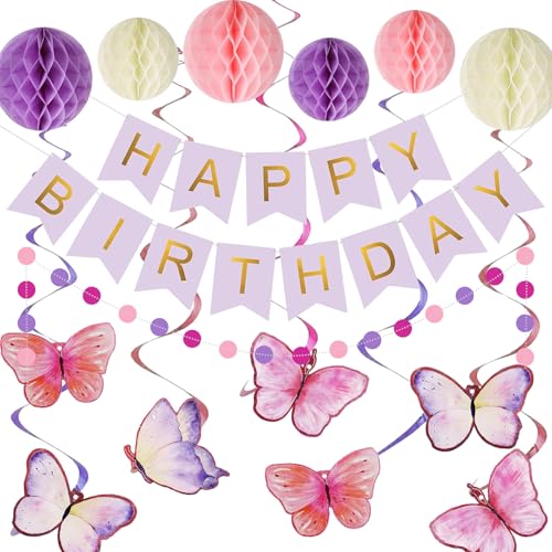 milaosk Geburtstagsdeko Mädchen,Schmetterling Deko Geburtstag mit Wabenball Hängende Wirbel Luftschlangen Kreis Rosa Happy Birthday Girlande Banner Birthday Decorations Geburtstag Deko Mädchen Frauen von milaosk