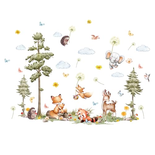 milaosk Wandtattoo Kinderzimmer Wandaufkleber Waldtiere Wald Baum Fuchs Giraffe Lgel Elefant Waschbär Wandbild Wandsticker Wanddeko für Kinderzimmer Babyzimmer Wohnzimmer (115 * 83cm) von milaosk