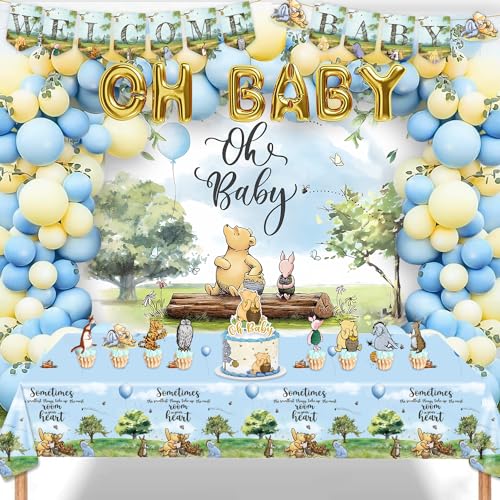 131 Stück Klassische Winnie Babyparty-Dekorationen Oh Baby Luftballons, Vintage Winnie Ballon Bogen Kit, Classic The Pooh Hintergrund Kuchen Topper, Winnie Baby Tischdecke Dekorationen für Jungen von milomelo