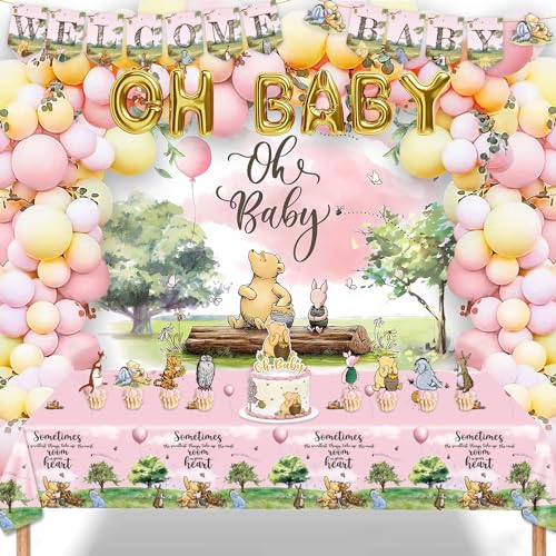 Klassische Winnie Babyparty-Dekorationen Oh Baby Luftballons, Vintage Winnie Ballon Arch Kit, Classic The Pooh Hintergrund Kuchen Topper, Winnie Baby Tischdecke Dekorationen für Mädchen Babyparty von milomelo