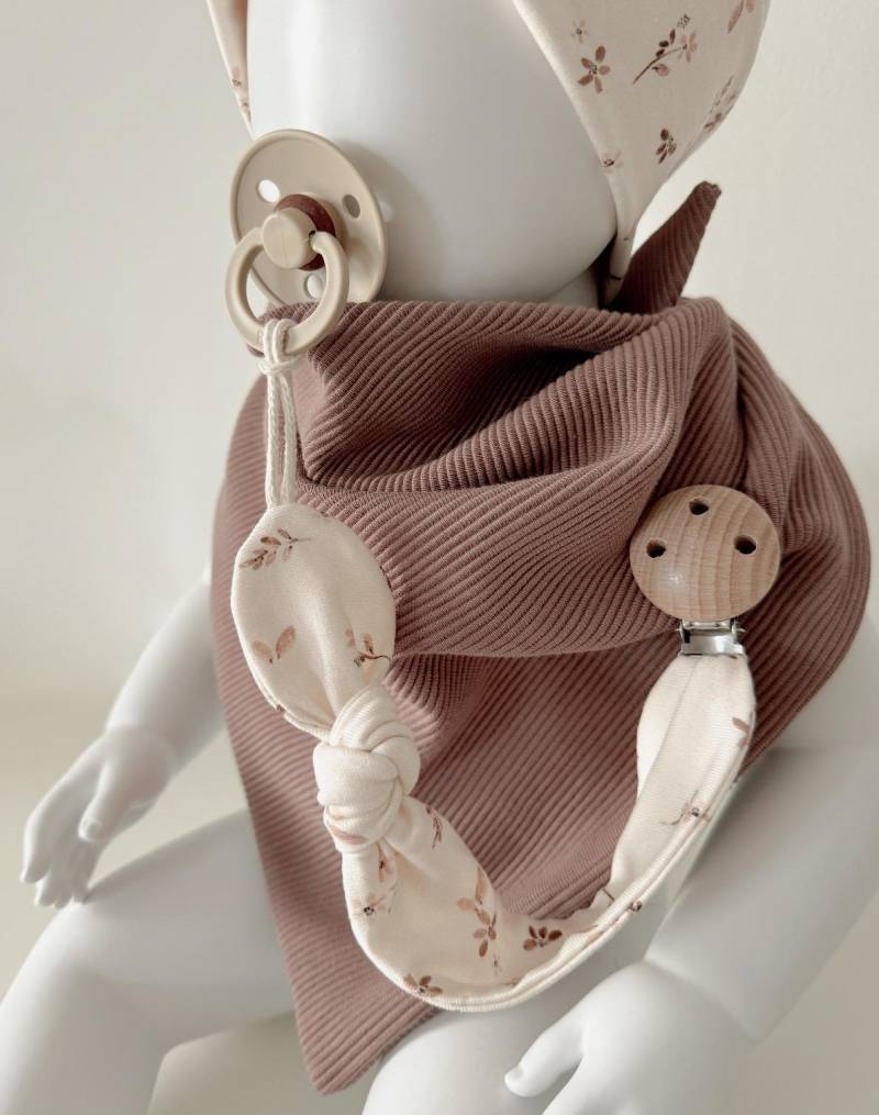 Schnullerkette Beige Blüten | Schnullerband Jersey Naturtöne Baby Accessoires Geburt Geschenk Zur von mimasherzwerk