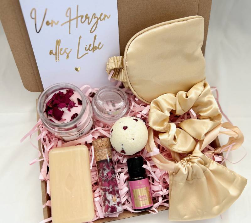 Wellness Geschenkbox Für Frauen, Geschenkkorb, Geschenkset Entspannung Rose, Veganes Geschenk, Entspannungs-Box von minanadesign