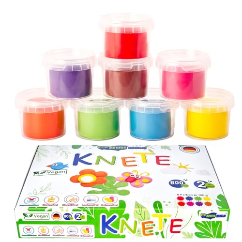 Knete XL aus Lebensmittel, Vegane Knete in 8 verschiedenen Farben Modelliermasse Vegane Spielknete Kleinkinderknete ab 2 Jahre (8er Set) 800g von miniHeld