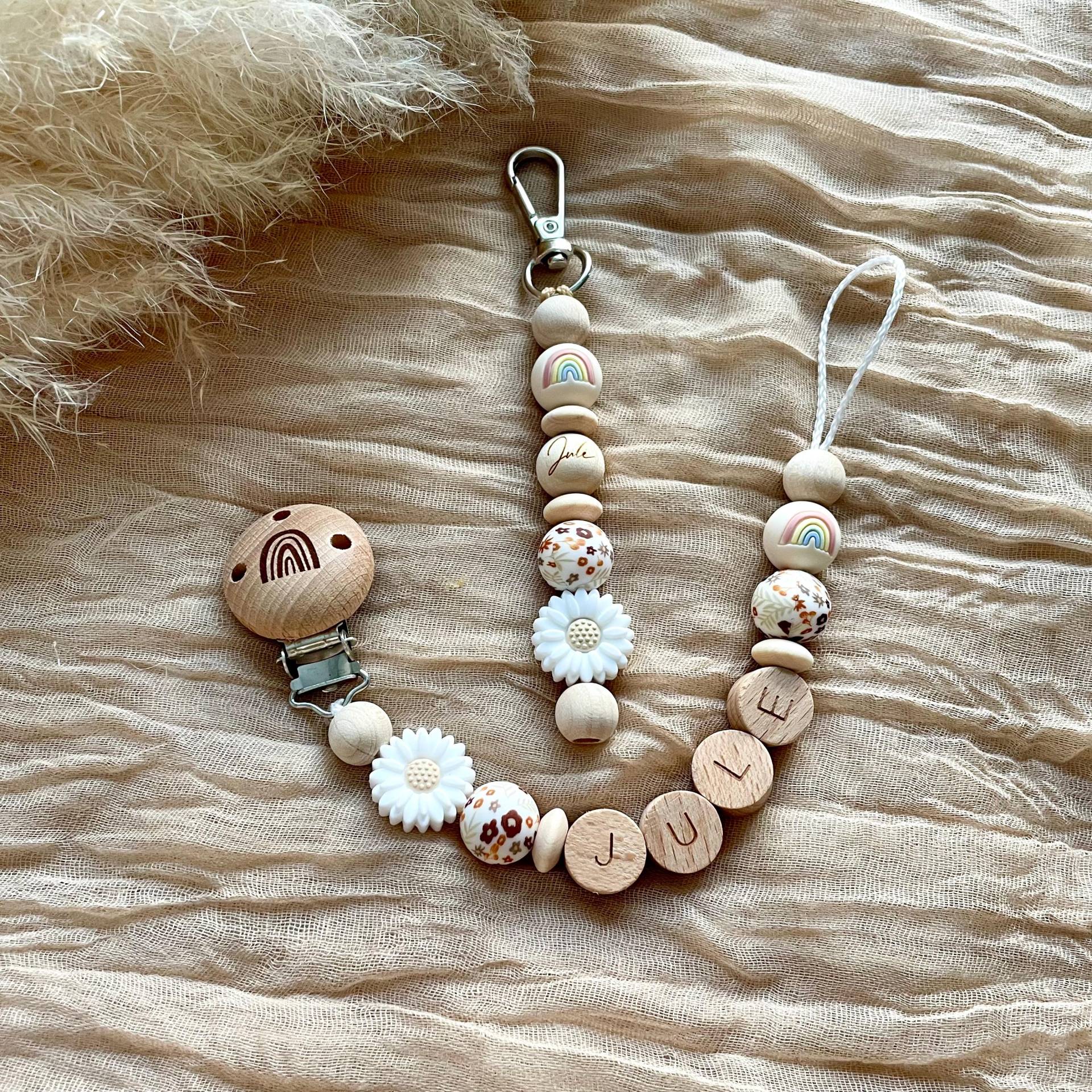 Schnullerkette Mit Name Schlüsselanhänger Kind Gravur Set Mädchen Junge Holz Blume Geschenk Personalisierte Babygeschenke Taufe Geburt von minimeliebe