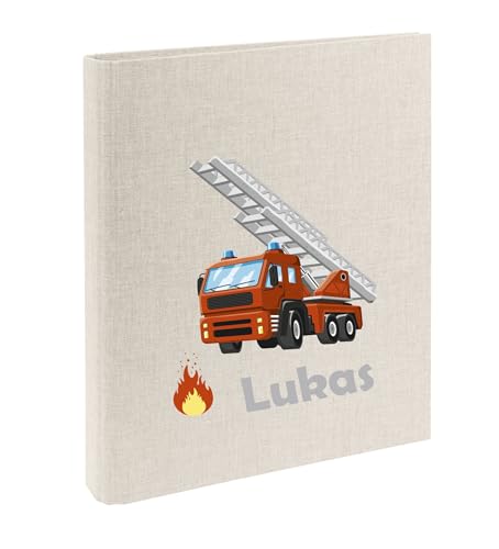 minimutz Zeugnismappe Kinder mit Name personalisiert - Dokumentenmappe Feuerwehr-Auto für Jungen - Zeugnisordner Leinen zum Einsortieren (sand) von minimutz