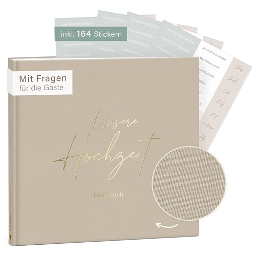 mintkind® Gästebuch Hochzeit zum Ausfüllen Beige inkl. 4 Stickerbögen | 84 Seiten mit Fragen für die Gäste | Hochzeitsgeschenke für Brautpaar als Hochzeit Deko | Goldene Hochzeit Silber Hochzeit von mintkind