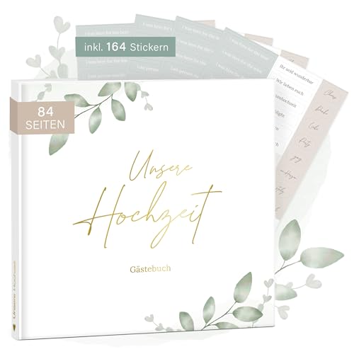 mintkind® Gästebuch Hochzeit zum Ausfüllen Greenery inkl. 4 Stickerbögen | 84 Seiten zum kreativen Gestalten | Hochzeitsgeschenke für Brautpaar als Hochzeit Deko | Goldene Hochzeit Silber Hochzeit von mintkind