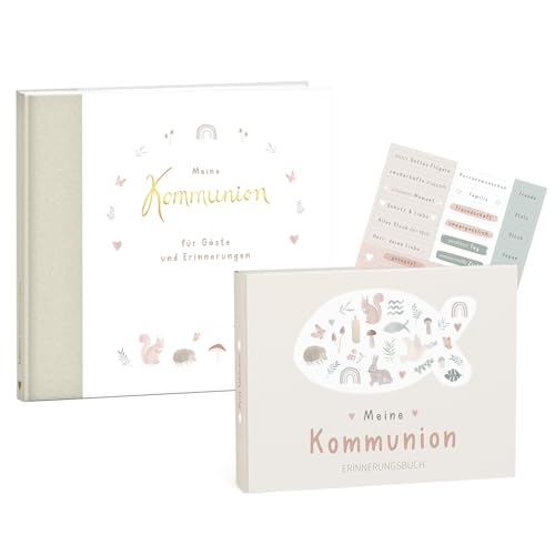 mintkind® Kommunion Geschenkset Wald "Meine Kommunion" Erinnerungsbuch + Gästebuch I 154 Seiten zum Selbstgestalten für Erinnerungen zur Kommunion I Geschenk zur Kommunion Junge & Mädchen von mintkind