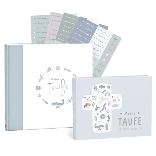 mintkind® Taufe Geschenkset Wal "Meine Taufe" Erinnerungsbuch + Gästebuch mit Stickerset I 153 Seiten zum Selbstgestalten für Erinnerungen zur Taufe I Geschenk zur Taufe Junge & Mädchen von mintkind