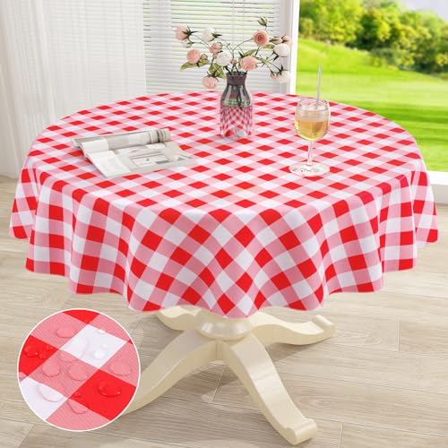 misaya Runde wasserdichte Vinyl-Tischdecke, Buffalo-Flanell-Tischdecke, abwischbare Kunststoff-Tischdecke für Abendessen, Küche, Picknick (152,4 cm, Rot und Weiß) von misaya