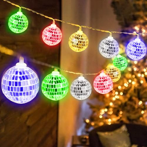 mizikuu 10 LED Bunte Discokugel Lichterkette, 150cm Spiegelkugel String Lichter Silber Batteriebetrieben Disco Ball Orientalisch Marokkanische Lichterkette Weihnachtslampe für 70er 80er Jahre Party von mizikuu