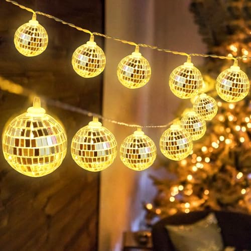 mizikuu 10 LED Discokugel Lichterkette, 150cm Spiegelkugel String Lichter Silber Batteriebetrieben Disco Ball Orientalisch Marokkanische Lichterkette Weihnachtslampe für 70er 80er Jahre Party von mizikuu