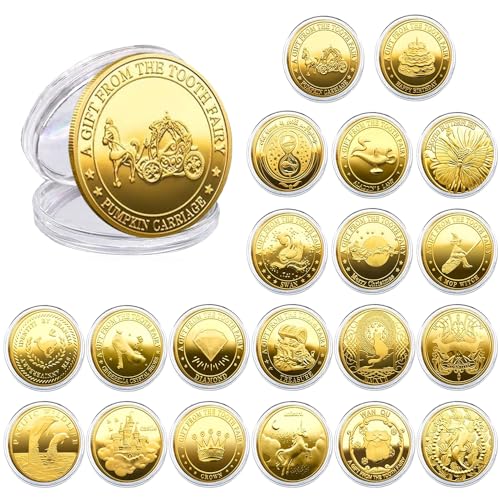 mizikuu 20 Stück Zahnfee Münzen, Tooth Fairy Coins Zahnfee Goldtaler mit Verschiedenen Mustern Goldmünzen Kinder Zahnfee Geschenke Zahnfee Souvenirs zur Belohnung des Milchzahnausfalls von mizikuu