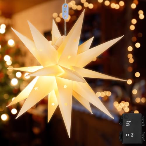 mizikuu Weihnachtsstern Beleuchtet, 45cm 3D Leuchtstern inkl Papierstern Led Weihnachtsbaumspitze Stern mit Timer Adventsstern Beleuchtet Faltstern für Innenhof Balkon Fenster Schmücken von mizikuu