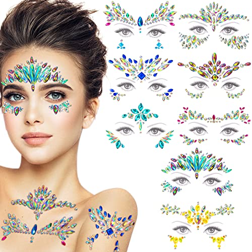 8 Set Glitzersteine Gesicht Festival Outfit, Glitzersteine Selbstklebend Rave Strasssteine Temporäre Tattoos Glitzer Gesicht Kristall Schmucksteine Juwelen für Schminke Party Karneval Ostern Halloween von modacraft