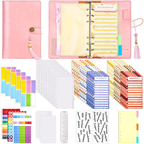 A6 Budget Planner Deutsch mit A6 PU Leder Budget Binder Deutsch Budgetaufkleber Binder Teiler Linea Taschen Etikettenaufkleber für Finanzplaner, Buget, Haushaltsbuch, Geld Sparen Mappe, Cash Stuffing von modacraft