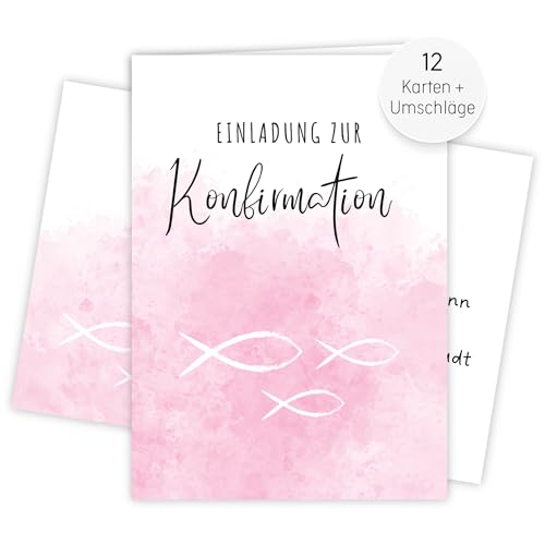 møij 12x EINLADUNGSKARTEN + Umschläge zur Konfirmation, DIN A6, zum Ausfüllen für Mädchen und Jungen (Rosa) von møij