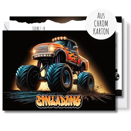 møij 12x Monster Truck Einladungskarten + passende Umschläge für Jungen & Mädchen Kindergeburtstag - aus Chromkarton von møij