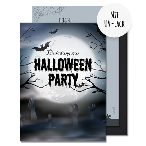 møij 12x EINLADUNGSKARTEN für Halloween Party - gruselige Karten mit Friedhof Motiv - Die perfekte Einladung zur Halloweenfeier - für echte Horror Fans von møij