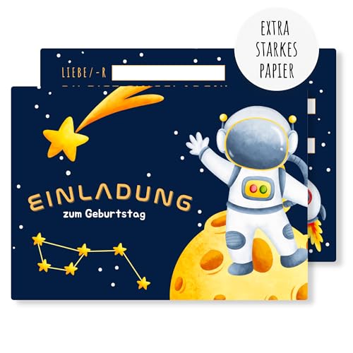 møij 12x EINLADUNGSKARTEN für Jungen & Mädchen Kindergeburtstag - galaktische Karten mit Astronaut Motiv von møij