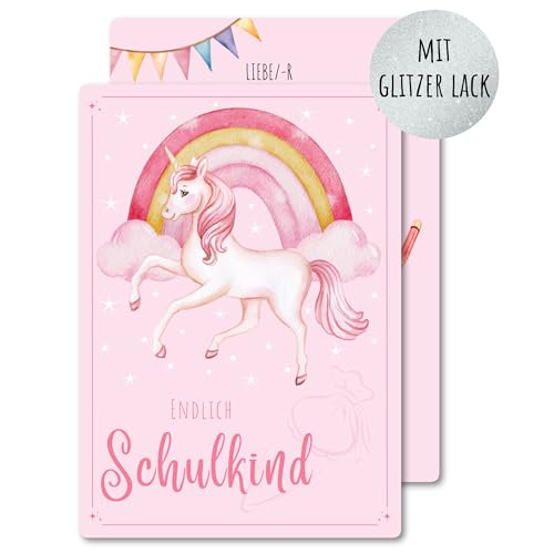 møij 12x EINLADUNGSKARTEN zur Einschulung - süße rosa Karten mit Einhorn und Regenbogen & partiellem Glitzer von møij