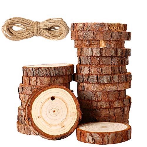 moinkerin Holzscheiben Holz Log Scheiben mit Loch und Frei 10 m Natürliche Jute Seil für DIY Hochzeit Handwerk Party, (30st 3-4cm, 20st 4-5cm) von moinkerin