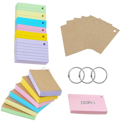 moinkerin Karteikarten 300 Stücke 4.1 * 3 Inch Mehrfarben Lernkarten Flashcards mit 3 Binderingen 6 Kraftpapier Karteikarten für Büro Haus Schule Lernen Linierte von moinkerin