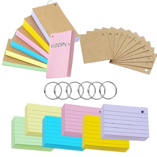 moinkerin Karteikarten A8 600 Stücke 3 * 2 Inch Mehrfarben Lernkarten Flashcards mit 6 Binderingen 12 Kraftpapier Karteikarten für Büro Haus Schule Lernen Linierte von moinkerin