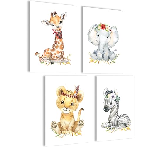 mojoliving Bilder Kinderzimmer jungen | Baby Zimmer Poster Set | Bilder Kinderzimmer mädchen | Babyzimmer Set Baby Giraffe, Baby Elefant, Baby Löwe, Baby Zebra von mojoliving