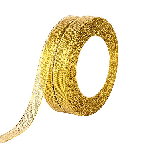 MOLSHINE 15mm x 45m (2 Rollen) Goldene Organzabänder Schimmerndes, dünnes Glitzerband für Heimwerken,Basteln,Geschenkverpackung,Weihnachten Dekorative von molshine