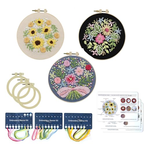 3 Stück Sticken für Anfänger, Sticken Set Erwachsene Stickerei Starter Kit mit 3 Stück Stickrahmen Anleitung und Werkzeuge Blumenmuster Pflanzen Stickset für Anfänger für DIY Kunst Embroidery Kit von mongtsamz