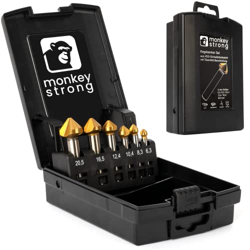 monkeystrong Kegelsenker Set 90° Ø 6,3-20,5 mm aus HSS Stahl - richtig scharf - Senker und Entgrater für Holz, Metall und Kunststoff in praktischer Aufbewahrungsbox von monkeystrong