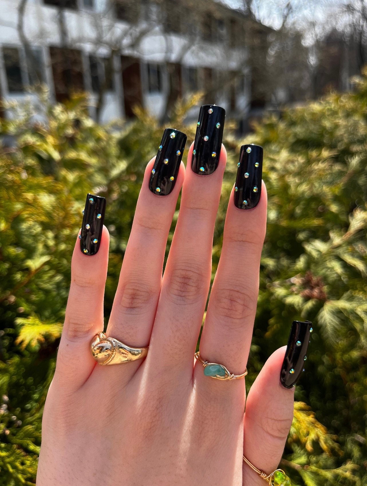 Schwarze Edelsteinquadratpresse Auf Nägel, Matt Glänzende, Handbemalte Presse Lange, Mittellange, Sargförmige, Künstliche Nägel von moonlightnailstudio