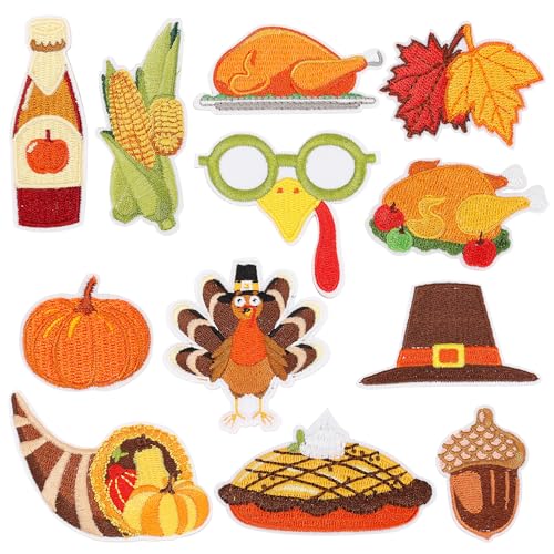 mortd 12 Stück Aufnäher zum Aufbügeln, Thanksgiving bestickte Flicken, Türkei, Kürbis, Ahornblätter, zum Aufnähen oder Aufbügeln, für Thanksgiving, Herbst, Basteln, Kleidung, Taschen, Dekoration, von mortd