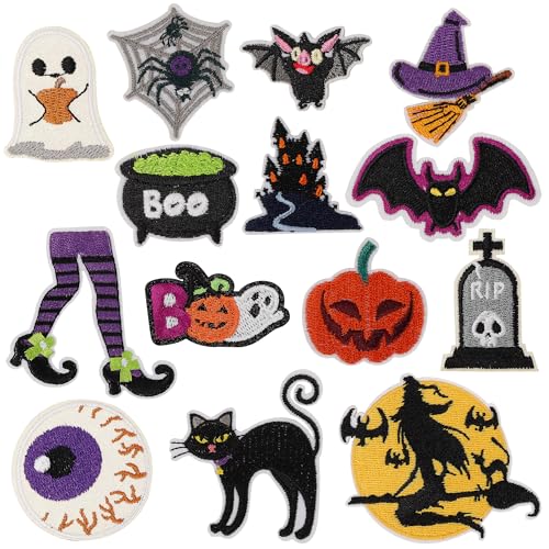 mortd Halloween Aufnäher zum Aufbügeln, Halloween Kürbis Fledermaus Hexe bestickte Flicken Halloween Patches zum Aufbügeln für Halloween DIY Handwerk Kleidung Taschen Dekor Partyzubehör (14 Stück - 2) von mortd