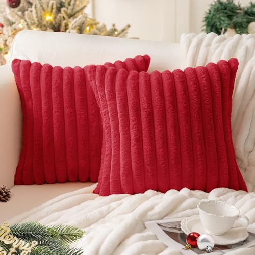 mosayt Kissenbezug 40x40 Weihnachten rot doppelseitig Fell 2er Set Plüsch Wolle weich flauschig Deko Winter Sofa Kissenhüllen Dekokissen Sofakissen Wohnzimmer Geschenke Party Christmas Schlafzimmer von mosayt