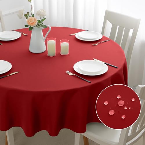 mosayt Runde Tischdecke Weihnachten Rot 140 cm Durchmesser Abwaschbare Tischdecken Wasserabweisend Gartentischdecke Tischtuch Tischwäsche Table Cloth für Garten Party Geburtstag Silvester Hochzeit von mosayt