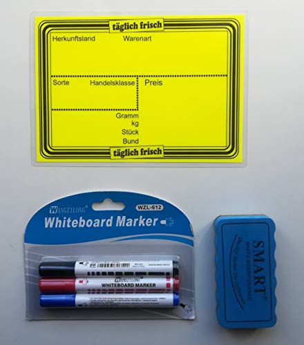 20 laminierte Preisschilder 154 x 216 mm leuchtgelb + 3 Marker + 1 Schwamm zum Löschen für Obst und Gemüse mit Aufdruck Werbesymbole von most-wanted-shop