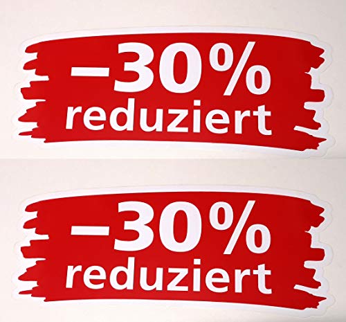 Ankleber 2 Stück aus Weißfolie 20 x 48 cm " 30% reduziert " für Räumungsverkauf Werbesymbole von most-wanted-shop