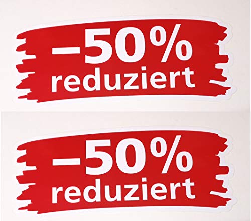 Ankleber 2 Stück aus Weißfolie 20 x 48 cm " 50% reduziert " für Räumungsverkauf Werbesymbole von most-wanted-shop