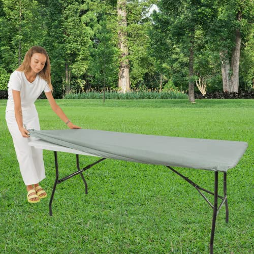 Tischdecke für Klapptisch, rechteckig, Kunststoff-Vinyl-Rückseite mit elastischem Rand, für Weihnachten, Partys, Picknick (Hellgrau, 2,4 m, 81,3 x 243,8 cm) von moty