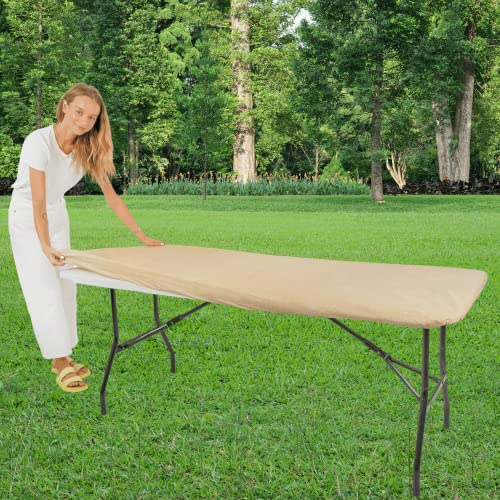 Tischdecke für Klapptische, rechteckige Tischdecke, Kunststoff-Vinyl-Rückseite mit elastischem Rand, für Weihnachten, Partys, Picknick (Hellbraun, 2,4 m, 81,3 x 243,8 cm) von moty