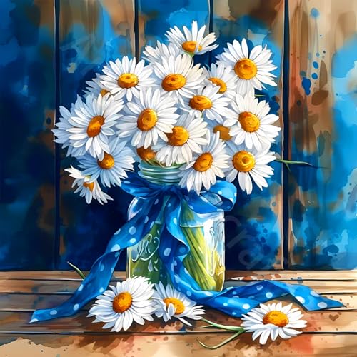 Blume Malen Nach Zahlen Erwachsene Gänseblümchen Paint by Numbers Adult Set DIY mit Pinseln und Acrylfarben Handgemalt Ölgemälde Leinwand für Home Decor（35x35cm） von mrpwnle