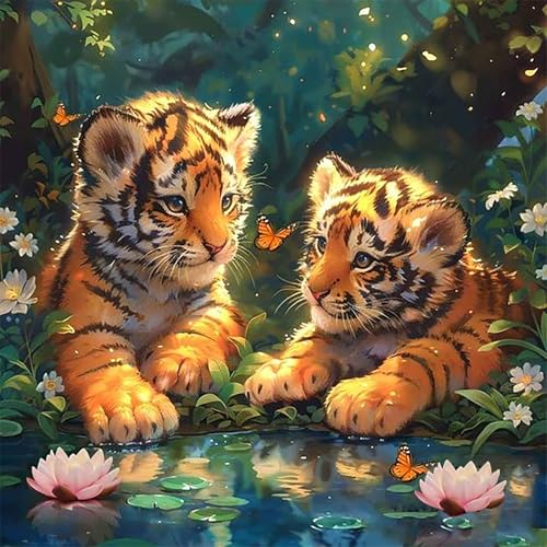 Tiger Malen Nach Zahlen Erwachsene DIY Tiere Set Paint by Numbers Adult mit Pinseln und Acrylfarben Handgemalt Ölgemälde Leinwand für Home Decor (35x35CM) von mrpwnle