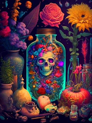 mrpwnle Blume Diamond Painting Erwachsene 5D Skull Diamond Painting Fantasie Flasche mit Blume Diamanten Painting Set DIY Malen Nach Zahlen Diamant Painting Set für Wanddekoration 30x40cm von mrpwnle