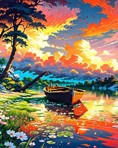 mrpwnle Landschaft Malen Nach Zahlen Erwachsene, Sonnenuntergang Paint by Numbers, DIY Boat mit Handgemalt Ölgemälde Leinwand für Home Décor (40x50cm) von mrpwnle